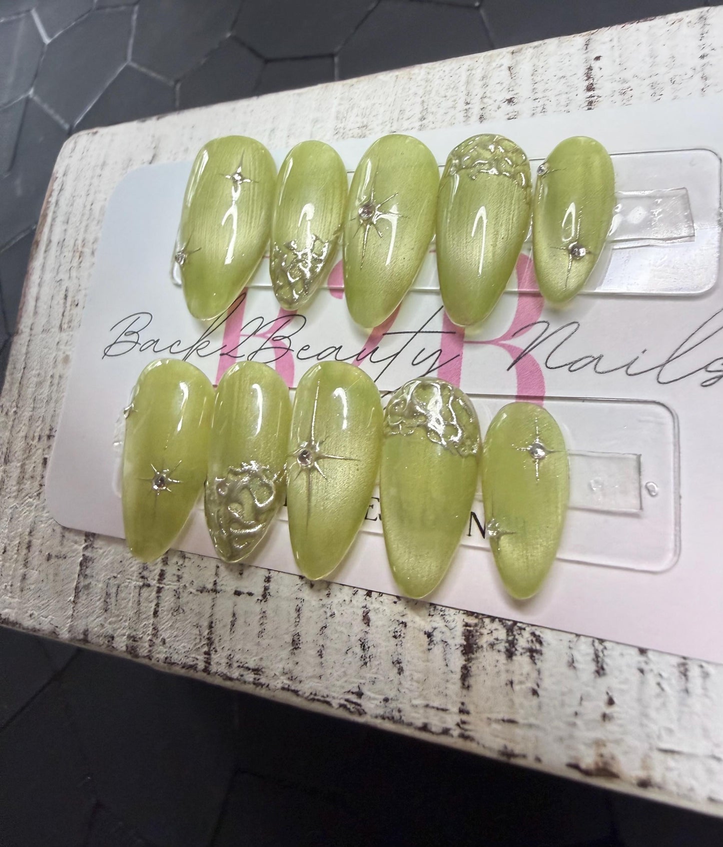 Liquid Apple Press-On Nail Set | Metallic Apple Green Cat Eye | Sculpted Silver Chrome Accents | Handmade Luxury Reusable Nails