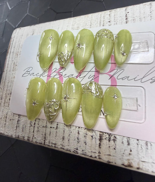 Liquid Apple Press-On Nail Set | Metallic Apple Green Cat Eye | Sculpted Silver Chrome Accents | Handmade Luxury Reusable Nails