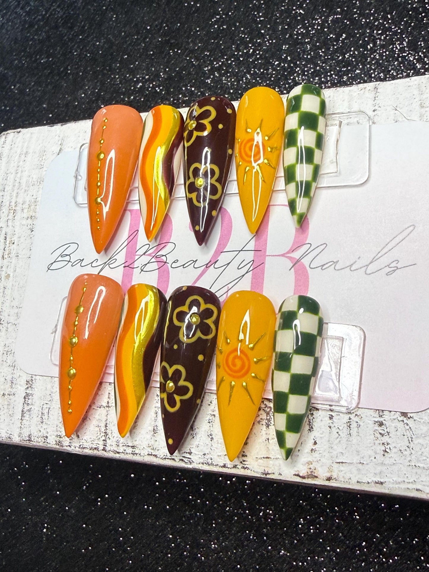 Autumn Groove Press-On Nail Set | Retro Boho Fall Nails | Orange, Mustard, Chocolate & Olive | Groovy Florals and Checkerboard