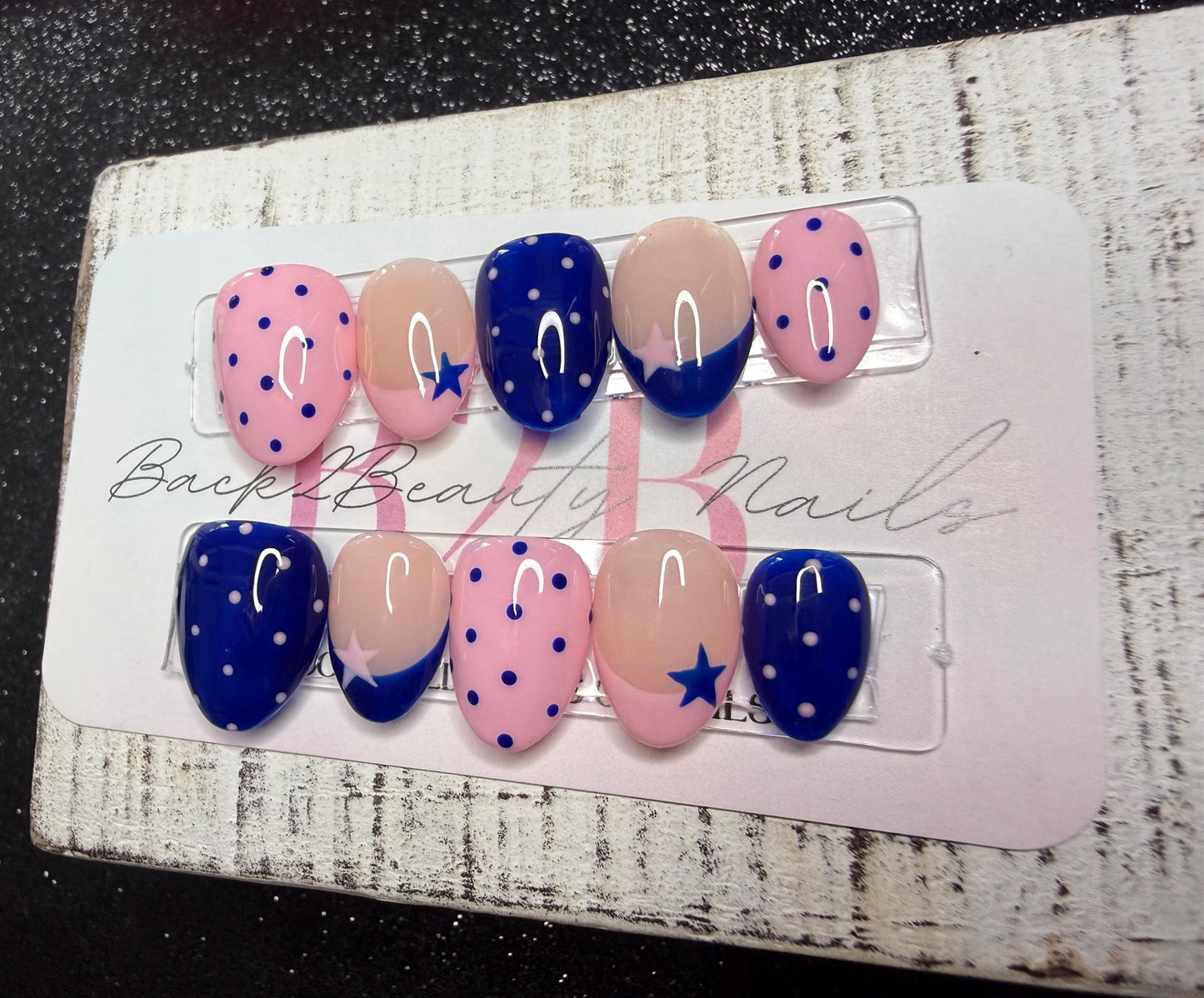 Pop Star Press-On Nail Set | Bubblegum Pink & Cobalt Blue | Polka Dots and Stars | Mixed French Tips | Handmade Luxury Reusable Nails