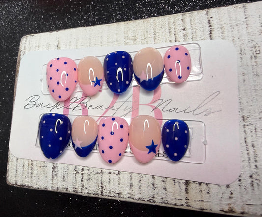 Pop Star Press-On Nail Set | Bubblegum Pink & Cobalt Blue | Polka Dots and Stars | Mixed French Tips | Handmade Luxury Reusable Nails