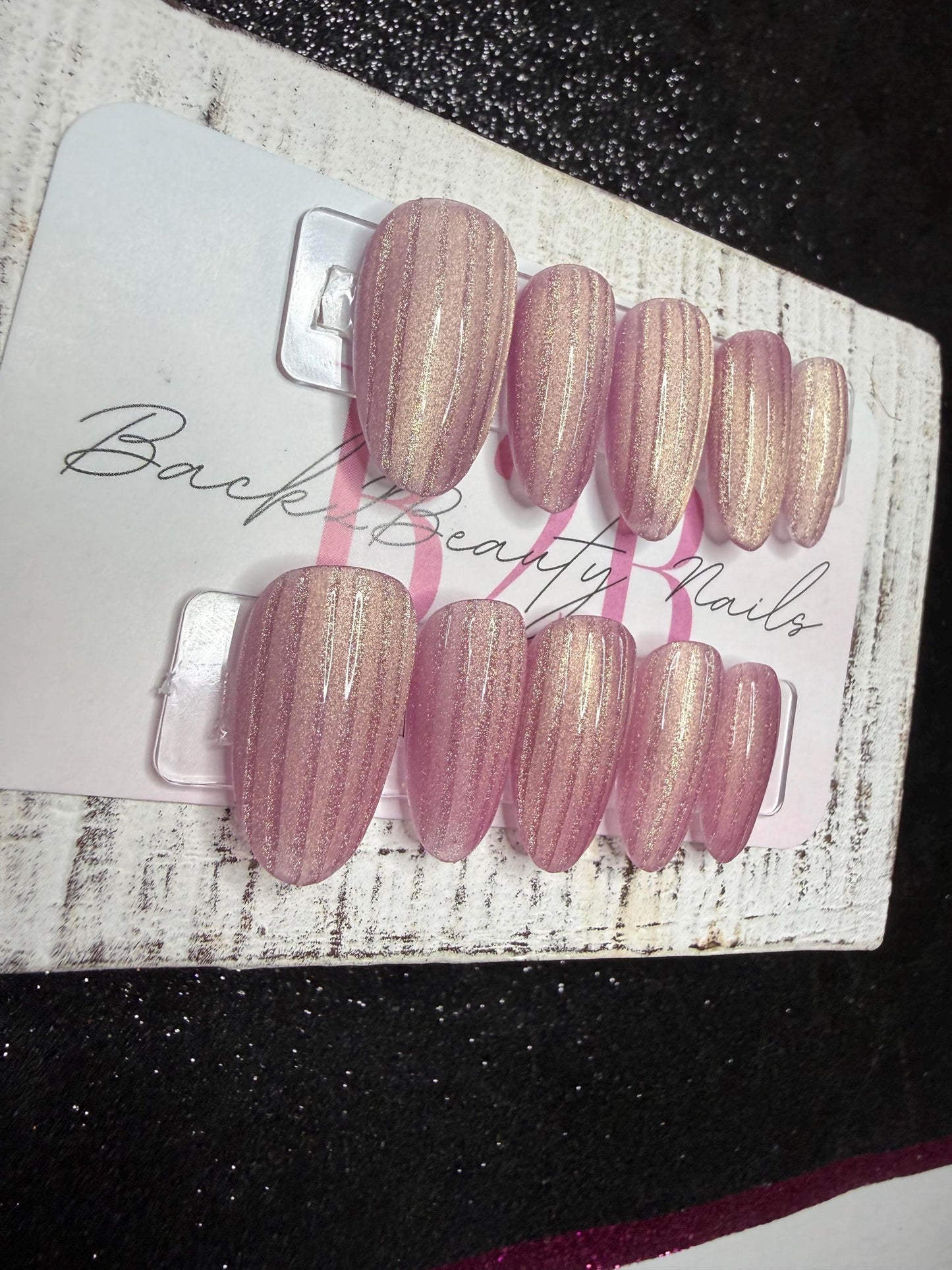 Blushing Glow Cat Eye Press-On Nail Set | Dusty Pink/Beige Cat Eye | Golden Magnetic Shimmer | Stripes | Handmade Luxury Reusable Nails