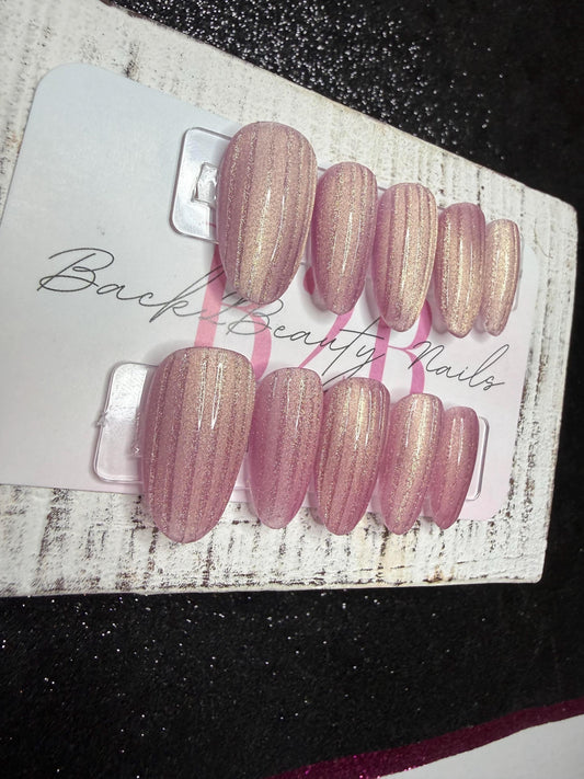 Blushing Glow Cat Eye Press-On Nail Set | Dusty Pink/Beige Cat Eye | Golden Magnetic Shimmer | Stripes | Handmade Luxury Reusable Nails