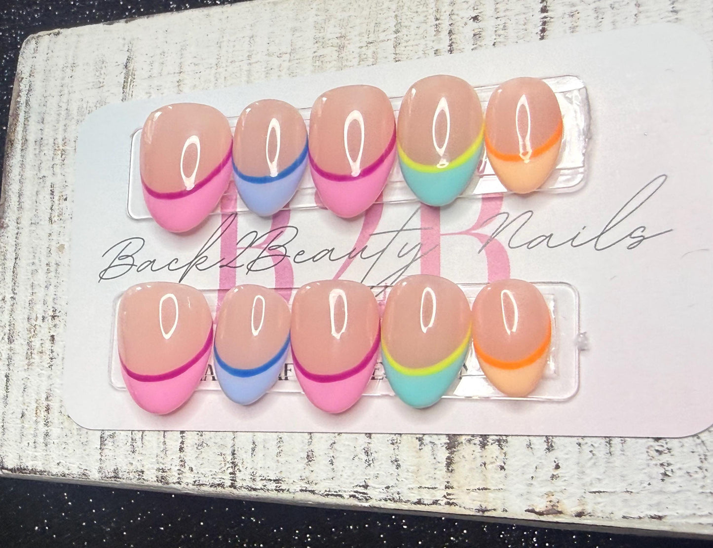 Color Pop French Press-On Nail Set | Multicolor French Tips | Nude Base | Gloss Finish | Handmade Luxury Reusable Nails