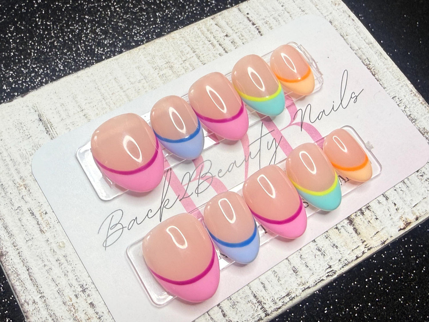 Color Pop French Press-On Nail Set | Multicolor French Tips | Nude Base | Gloss Finish | Handmade Luxury Reusable Nails