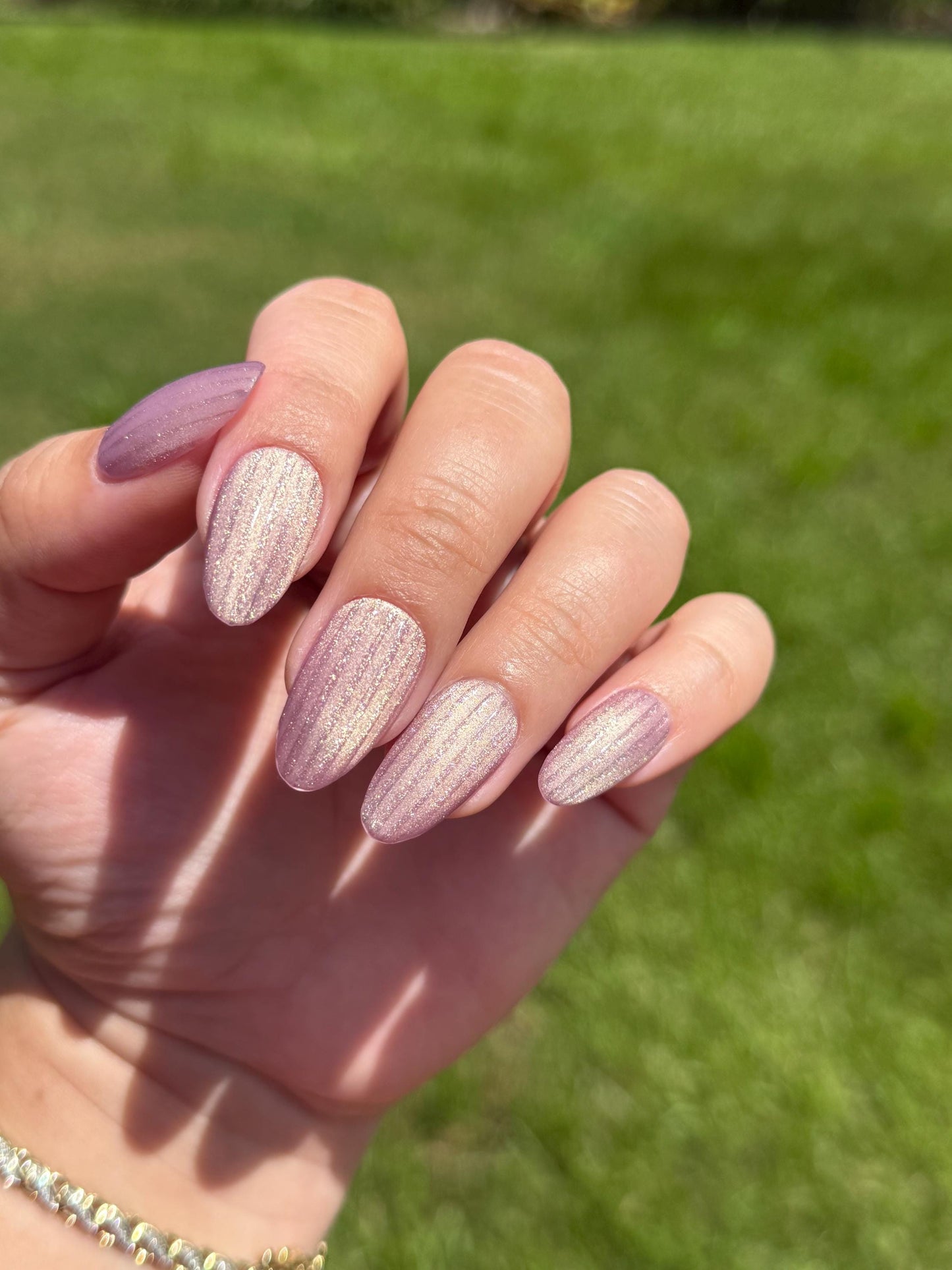 Blushing Glow Cat Eye Press-On Nail Set | Dusty Pink/Beige Cat Eye | Golden Magnetic Shimmer | Stripes | Handmade Luxury Reusable Nails