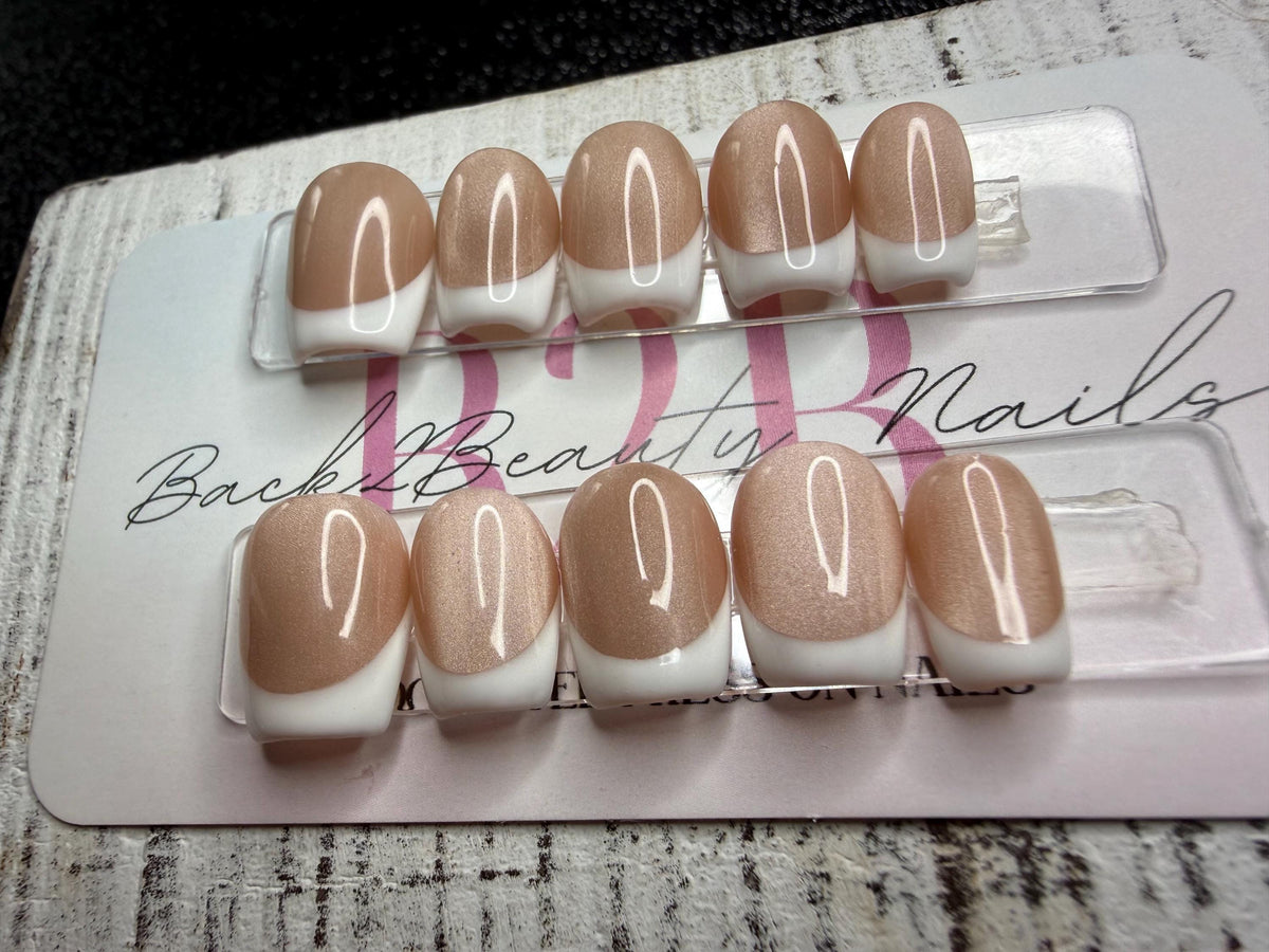 Champagne French Press-On Nail Set  Champagne Nude Cat Eye | Classic White French Tips | Gloss Finish | Handmade Reusable Press-On Nails