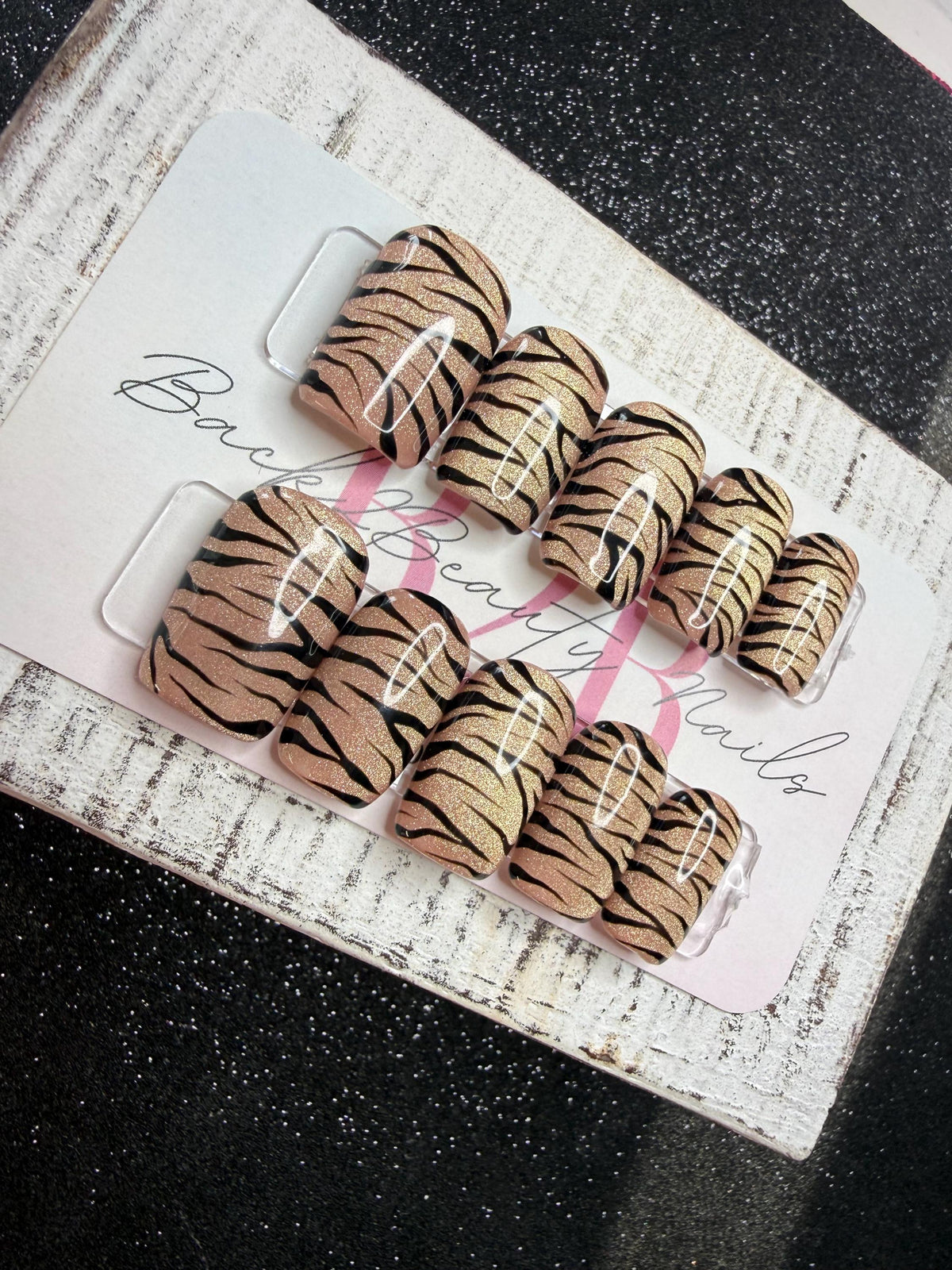 Golden Wild Press-On Nail Set | Nude Gold Cat Eye | Hand-Painted Black Zebra Print | Animal Print Nails | Handmade Luxury Reusable Nails