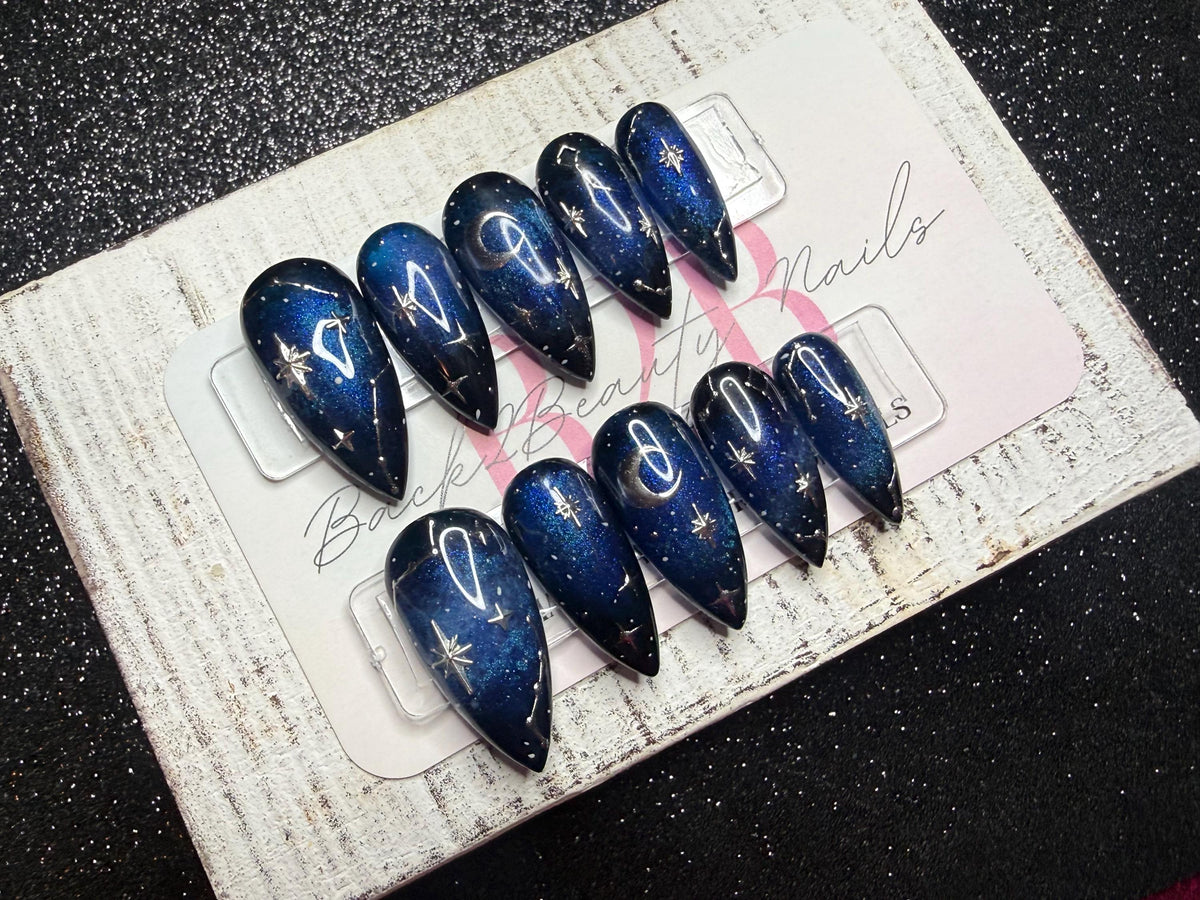 After Midnight Press-On Nail Set | Deep Navy Blue | Galaxy Shimmer | Silver Celestial Stars | High Gloss | Handmade Luxury Reusable Nails