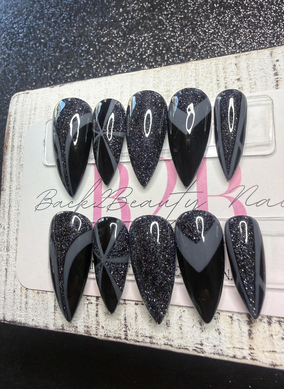 Midnight Spark Press-On Nail Set |Black and Dark Gray | Reflective Black Glitter | Mix & Match Design | Handmade Luxury Reusable Nails