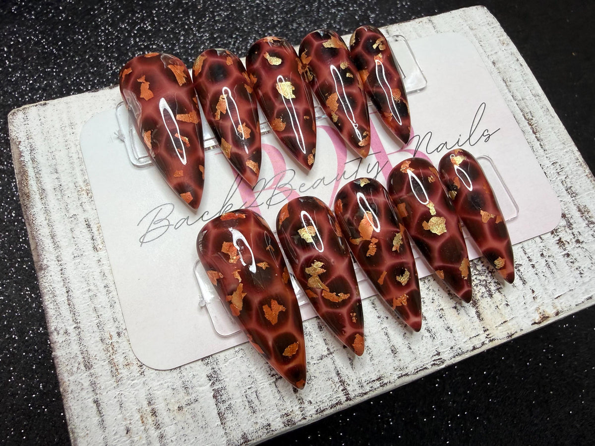 Ember Tortoise Press-On Nail Set |Copper & Gold Foil | Brown Fall Nails | Glossy Animal Print | Handmade Reusable Press-On Nails