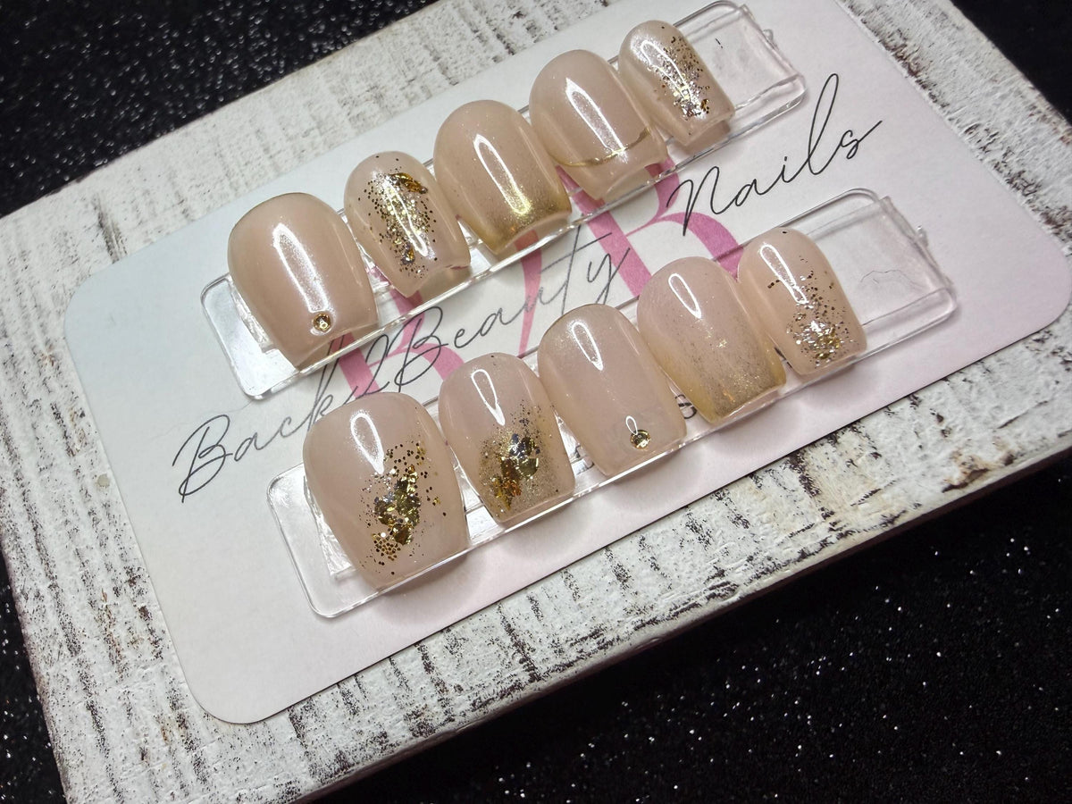 Golden Veil Press-On Nail Set | Sheer Nude Nails | Gold French Tips | Gold Glitter & Crystal Accents | Elegant Neutral Nails | Handmade