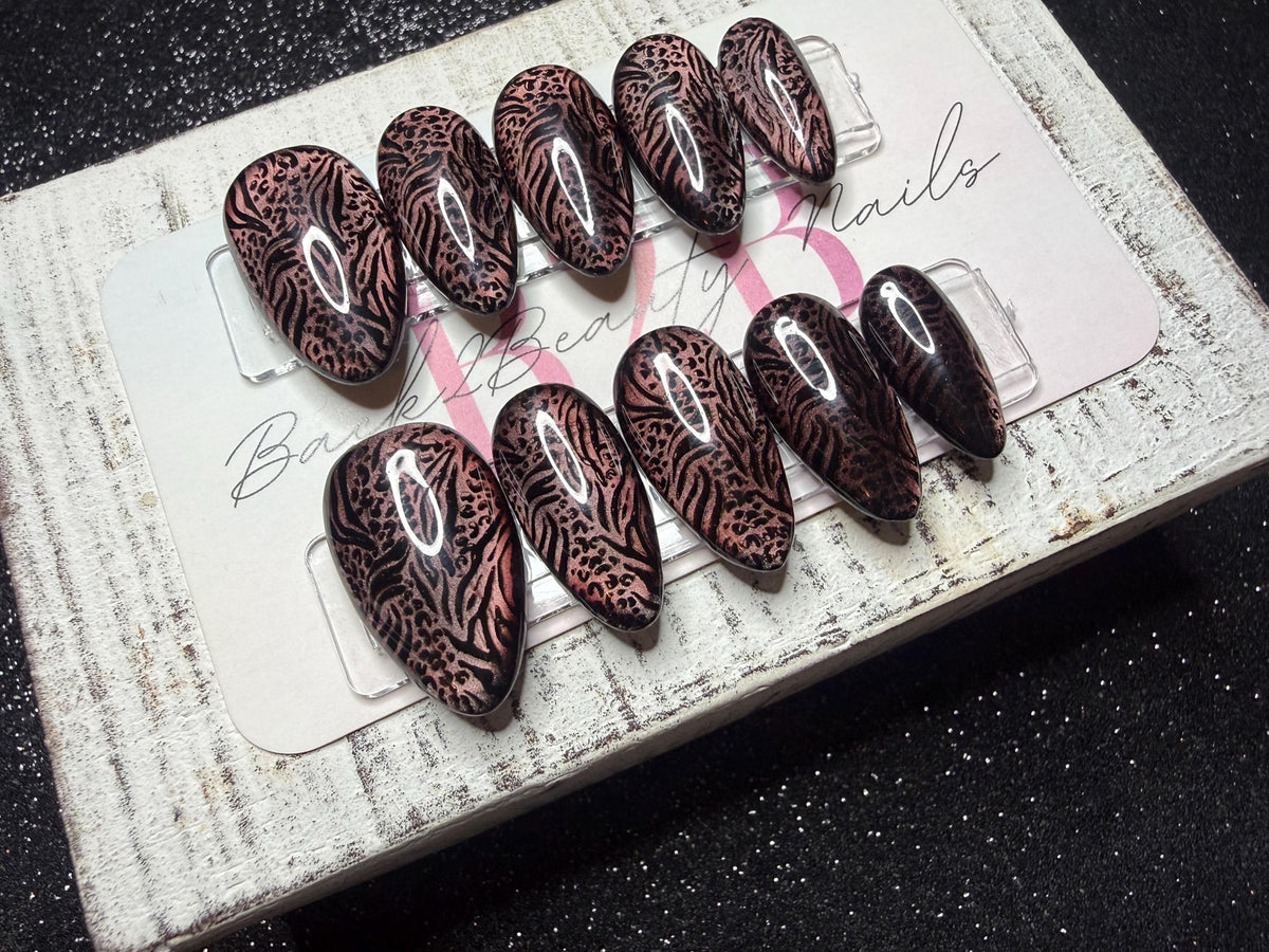 Wild Bronze Press-On Nail Set | Rose Bronze Cat Eye | Black Zebra & Leopard Print | Mixed Animal Print | Handmade Reusable Press-On Nails