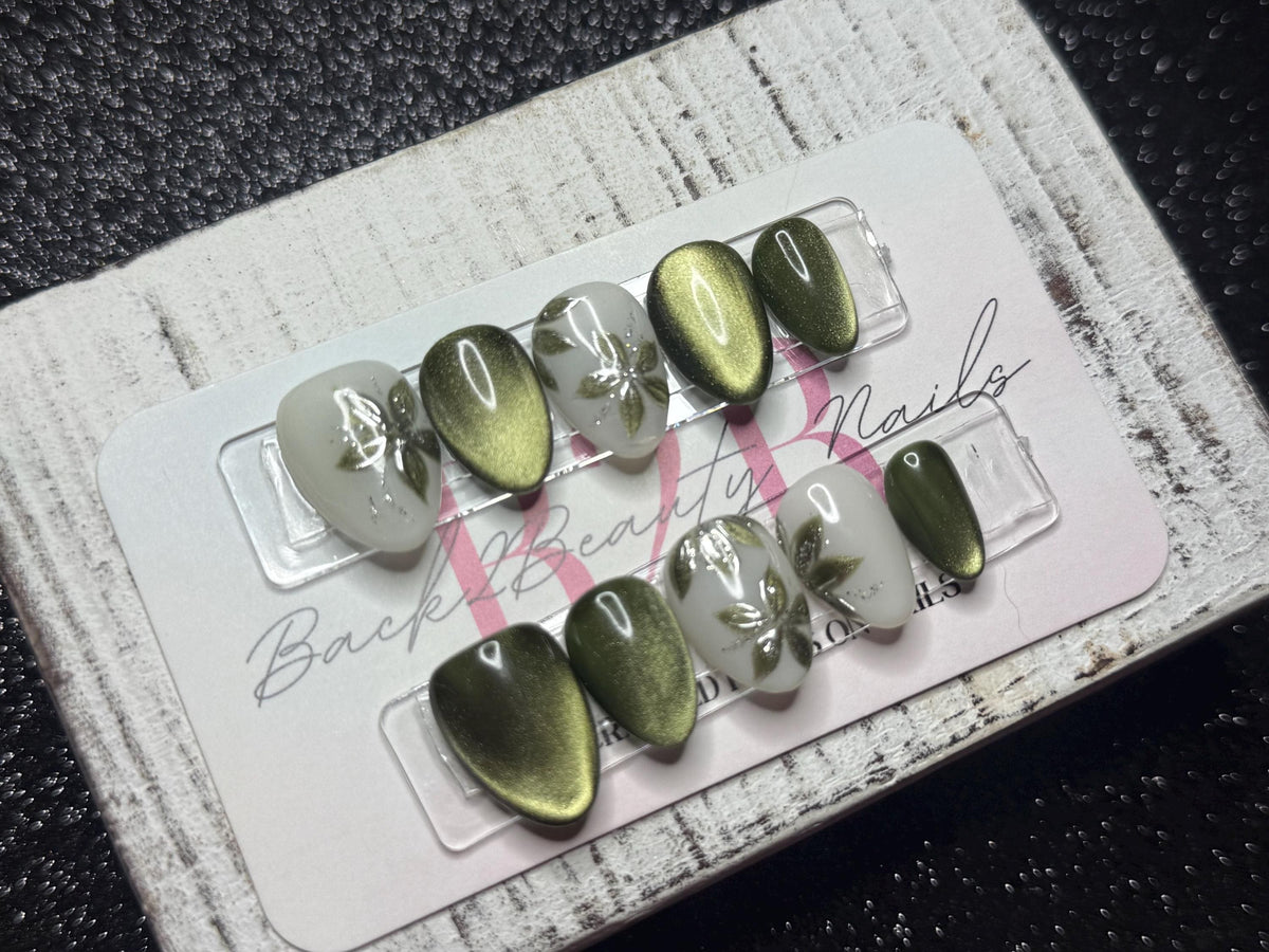 Gilded Olive Press-On Nail Set | Olive Green Cat Eye | Milky Nude Accent Nails | Gold Botanical Details | Handmade Reusable Press-On Nails