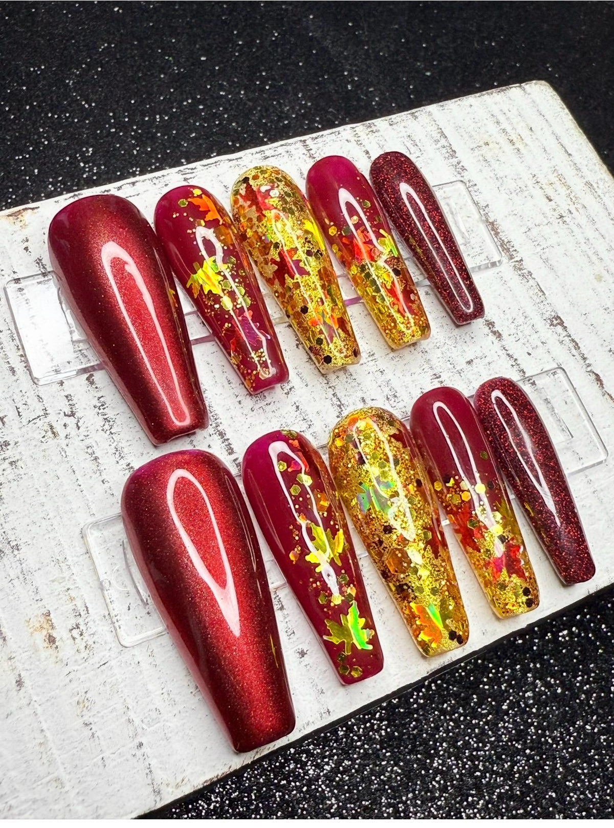 Crimson Harvest Press-On Nail Set | Wine Red | Gold Glitter | Chrome Fall Leaves | Autumn Press-On Nails | Handmade Reusable Nails