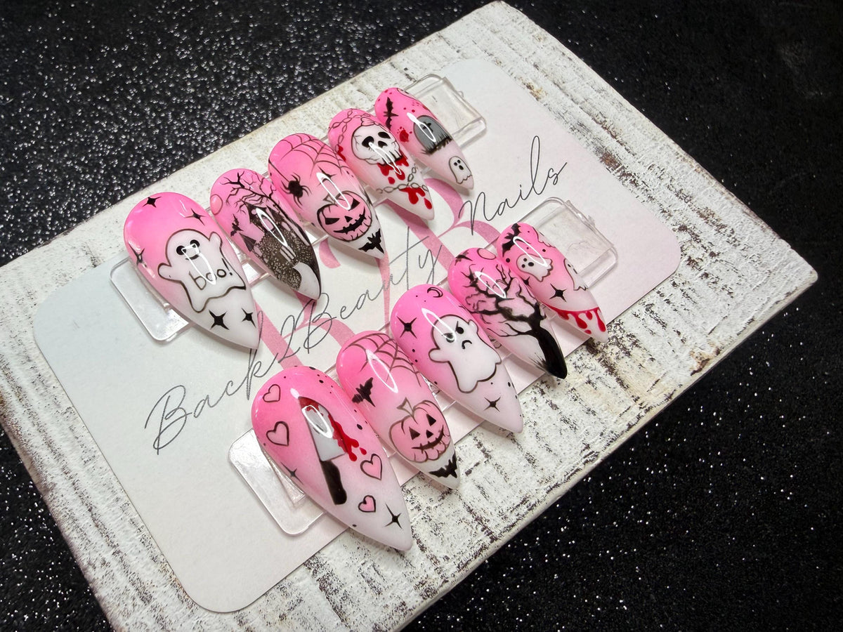 Pink Halloween Press on Nails | Ghosts & Pumpkins | Spooky Trees | Spiderwebs | Bloody Accents | Handmade