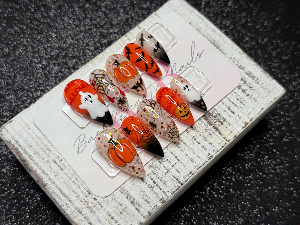 Trick or Treat Press-On Nail Set | Orange Halloween Nails | Cute Ghosts and Pumpkins | Bats & Spiderwebs | Handmade Reusable Press-On Nails
