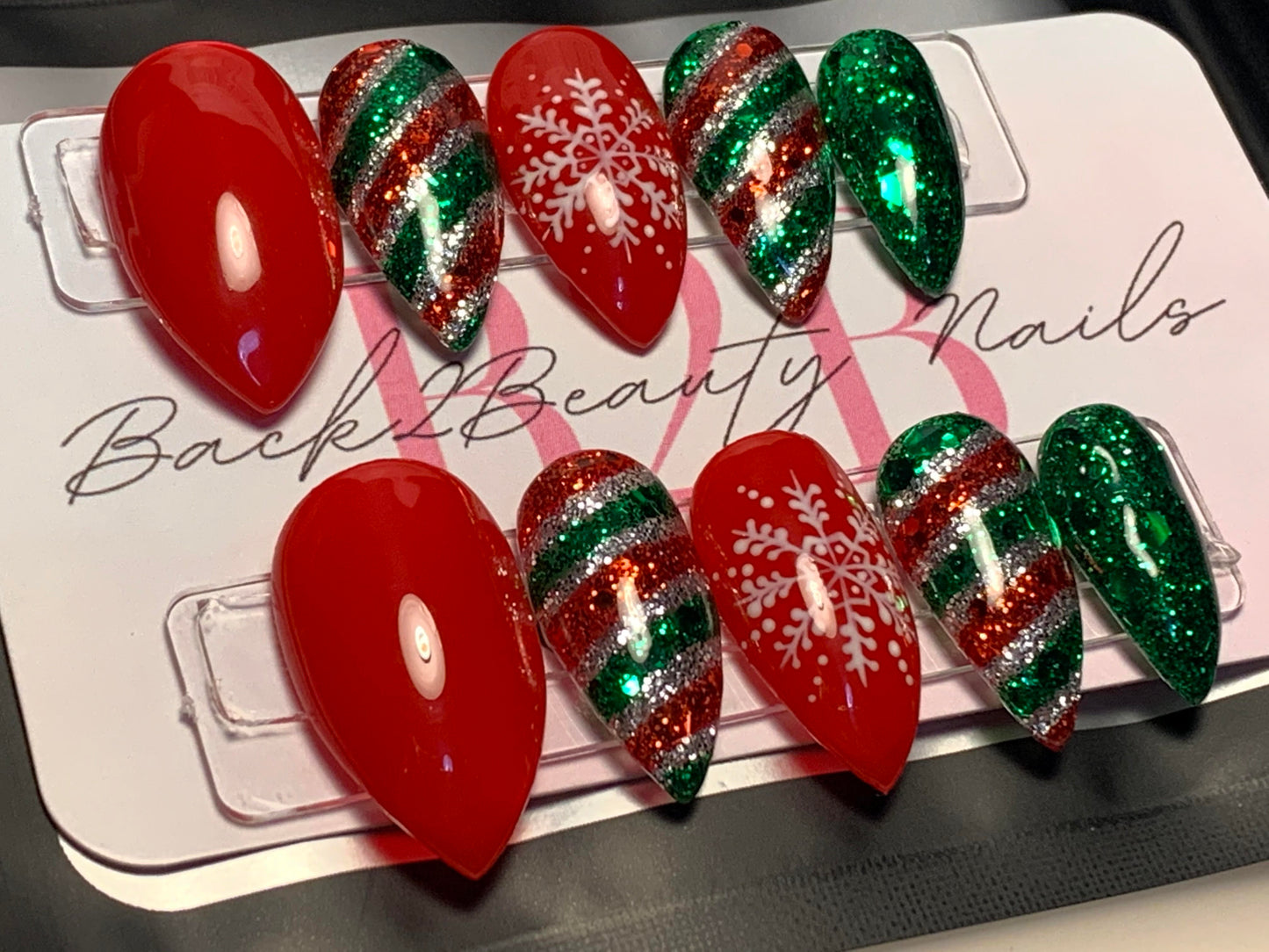 Handcrafted Red and Green Christmas Nails, Sparkling Winter Press on Nails, Reusable Glue on Nails, Candy Cane Nails, Snowflakes Nails