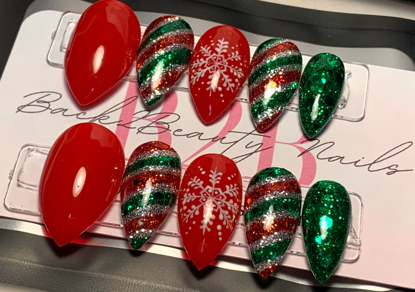 Handcrafted Red and Green Christmas Nails, Sparkling Winter Press on Nails, Reusable Glue on Nails, Candy Cane Nails, Snowflakes Nails
